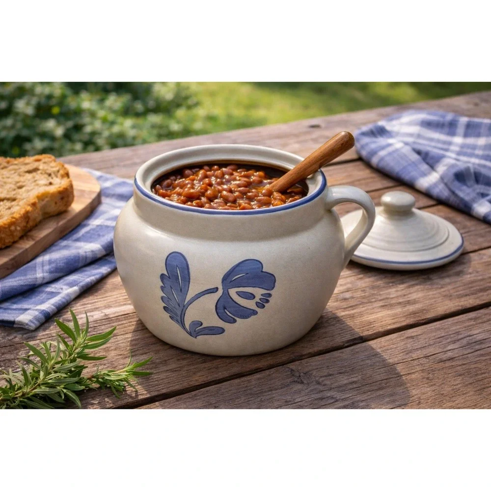 Pfaltzgraff Yorktowne Bean Pot Crock w‎ Lid Blue Floral USA Stoneware